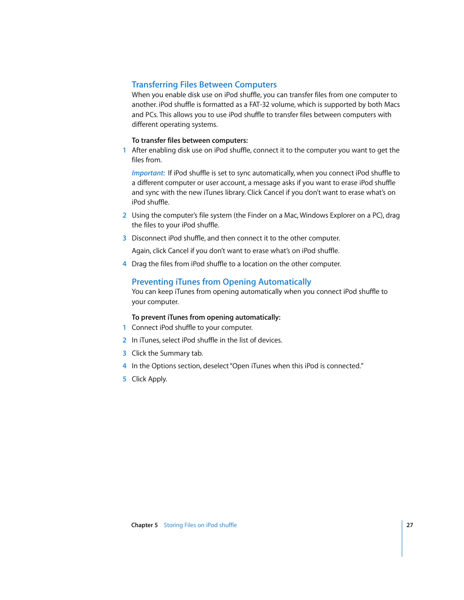 Transferring files between computers, Preventing itunes from opening automatically | Apple iPod shuffle (3rd generation) User Manual | Page 27 / 40