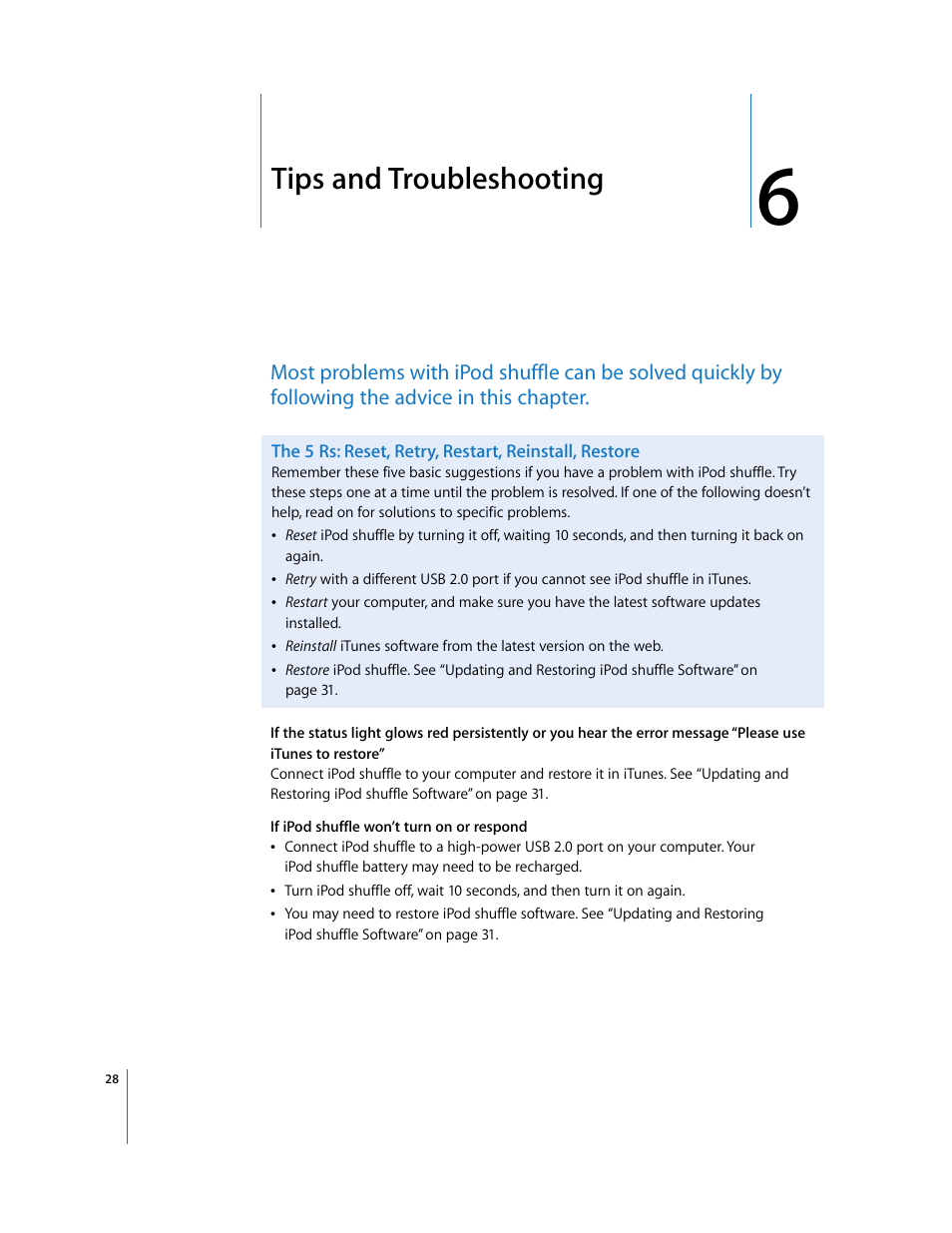 Tips and troubleshooting, Chapter 6 | Apple iPod shuffle (3rd generation) User Manual | Page 28 / 40