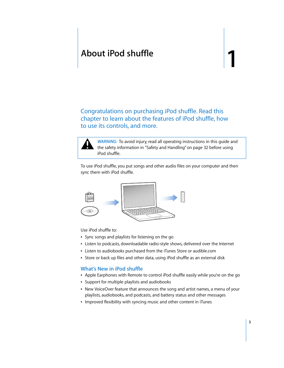 About ipodshuffle, What’s new in ipodshuffle, Chapter 1 | About ipod shuffle | Apple iPod shuffle (3rd generation) User Manual | Page 3 / 40