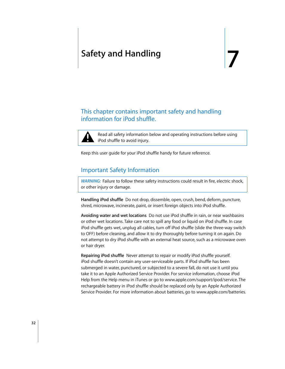 Safety and handling, Important safety information, Chapter 7 | Apple iPod shuffle (3rd generation) User Manual | Page 32 / 40