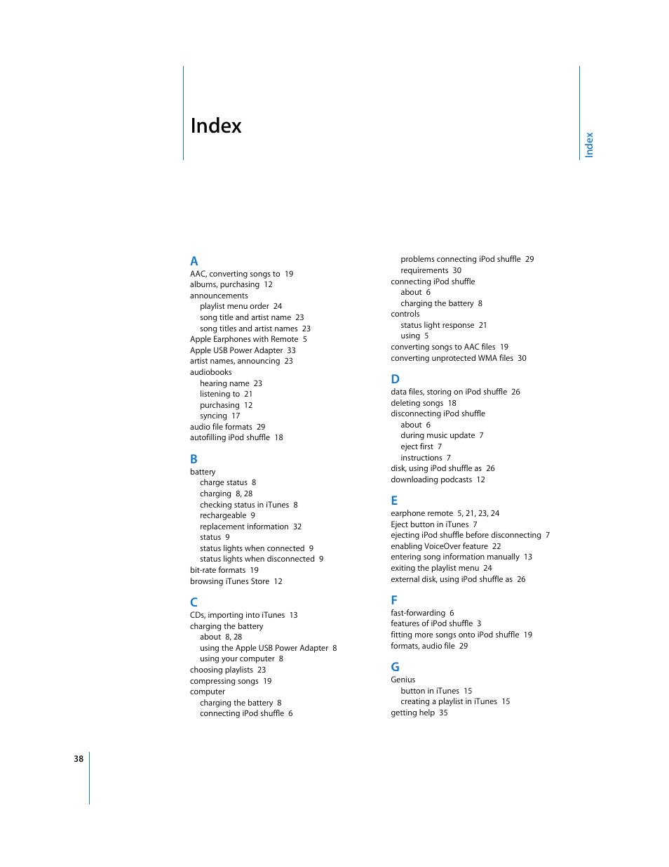 Index | Apple iPod shuffle (3rd generation) User Manual | Page 38 / 40