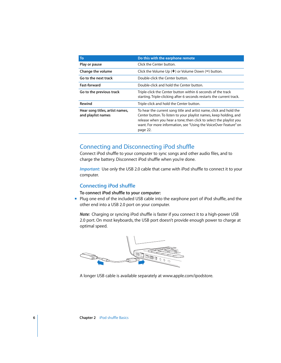 Connecting and disconnecting ipodshuffle, Connecting ipodshuffle, Connecting and disconnecting ipod shuffle | Connecting ipod shuffle | Apple iPod shuffle (3rd generation) User Manual | Page 6 / 40