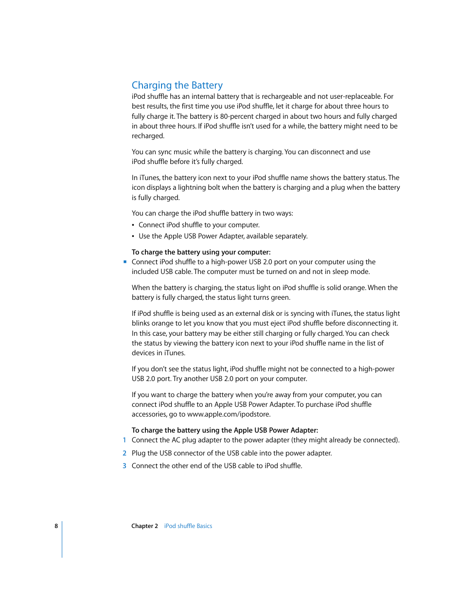 Charging the battery | Apple iPod shuffle (3rd generation) User Manual | Page 8 / 40