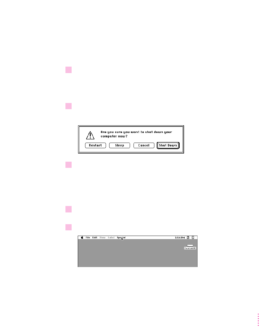 Turning the computer off 23, Turning the computer off, Using the power key | Using the shut down command | Apple Power Macintosh 7500 Series User Manual | Page 33 / 179