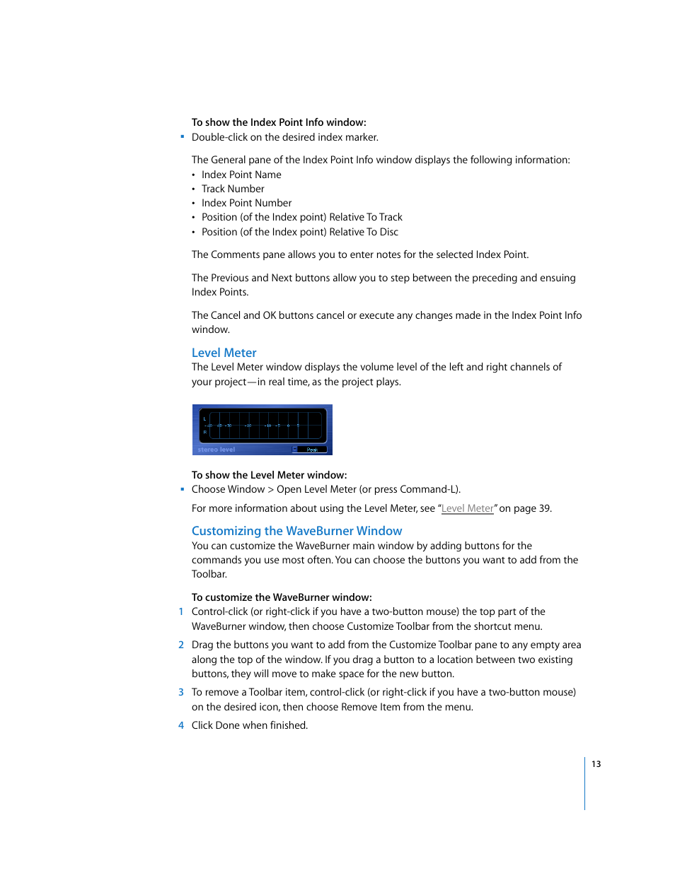 Level meter, Customizing the waveburner window, Omizable (see | Customizing the waveburner, Window, P. 13)) | Apple Using WaveBurner Logic Pro 7.1 User Manual | Page 13 / 52