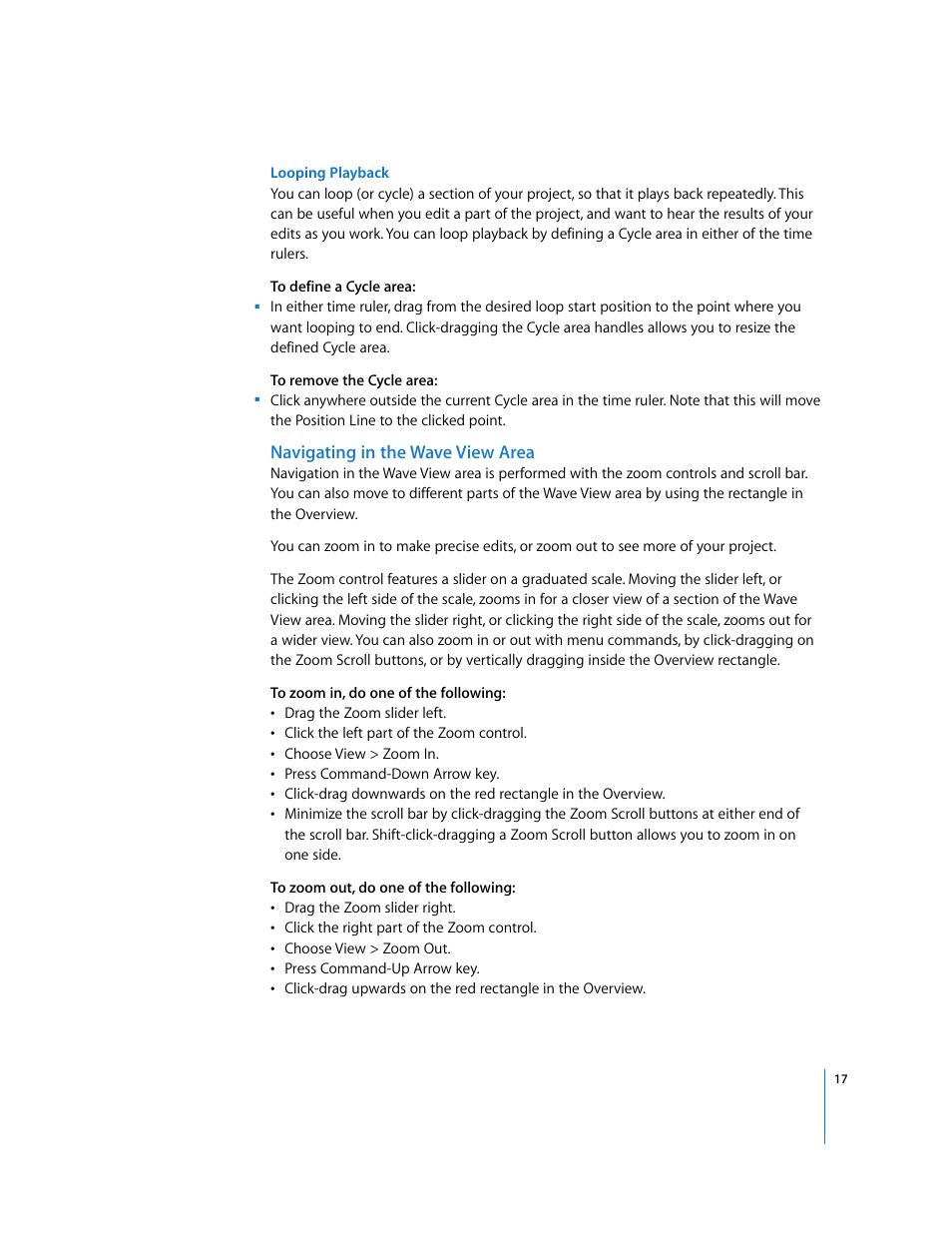 Navigating in the wave view area | Apple Using WaveBurner Logic Pro 7.1 User Manual | Page 17 / 52