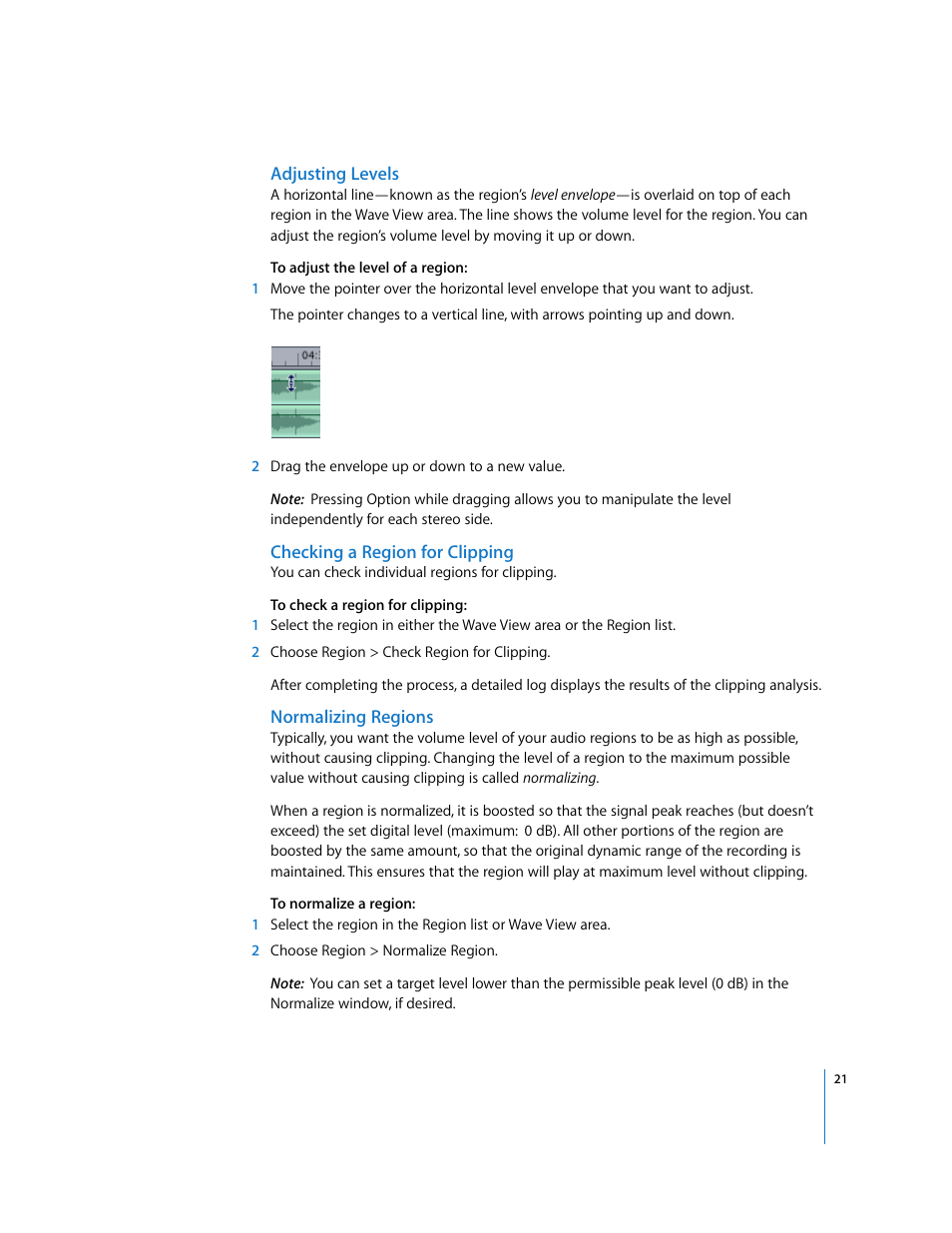 Adjusting levels, Checking a region for clipping, Normalizing regions | Apple Using WaveBurner Logic Pro 7.1 User Manual | Page 21 / 52