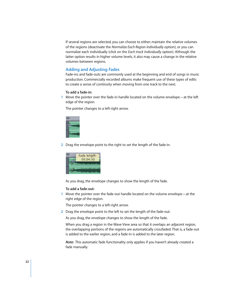 Adding and adjusting fades, Adding, And adjusting fades | Apple Using WaveBurner Logic Pro 7.1 User Manual | Page 22 / 52