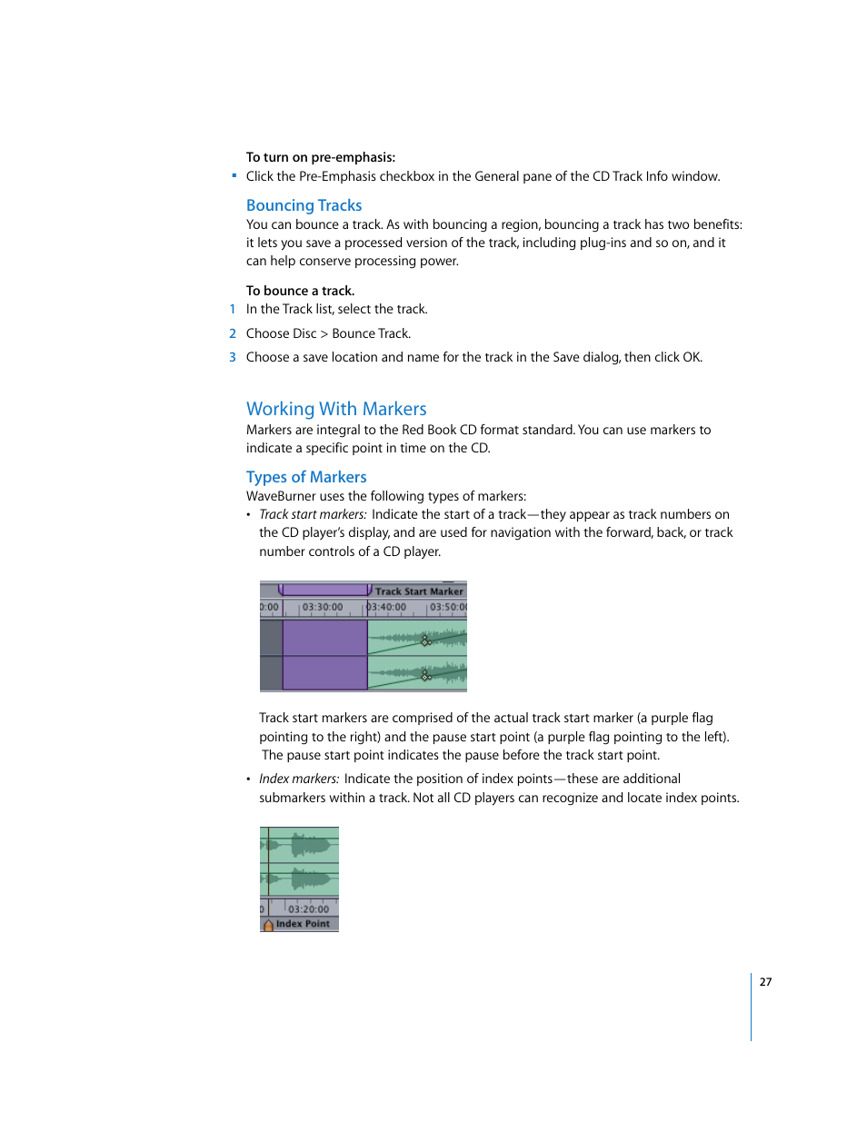 Bouncing tracks, Working with markers, Types of markers | Apple Using WaveBurner Logic Pro 7.1 User Manual | Page 27 / 52