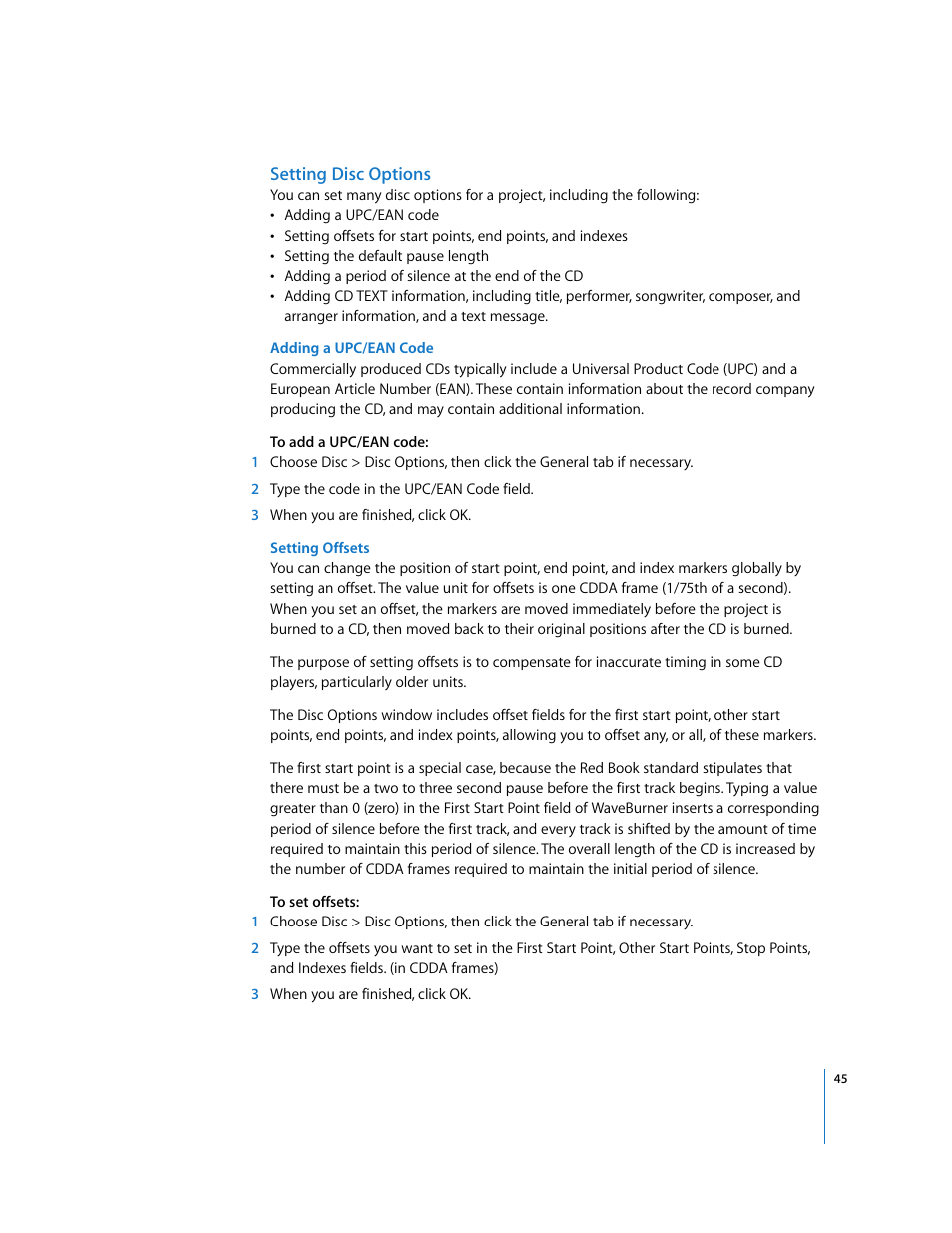 Setting disc options | Apple Using WaveBurner Logic Pro 7.1 User Manual | Page 45 / 52