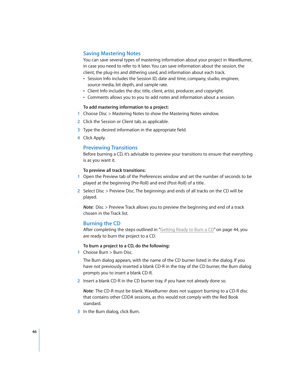 Saving mastering notes, Previewing transitions, Burning the cd | Apple Using WaveBurner Logic Pro 7.1 User Manual | Page 46 / 52