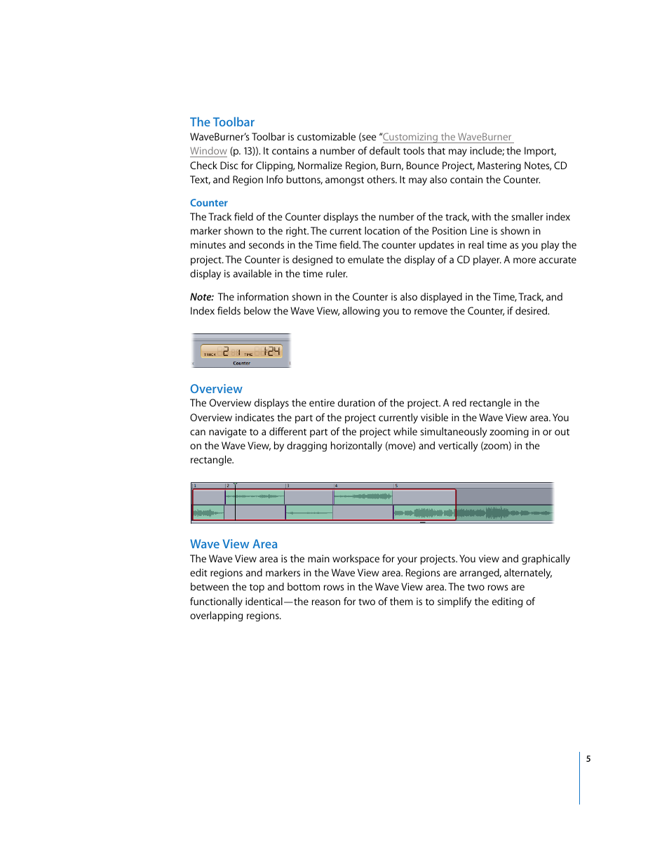 The toolbar, Overview, Wave view area | Apple Using WaveBurner Logic Pro 7.1 User Manual | Page 5 / 52