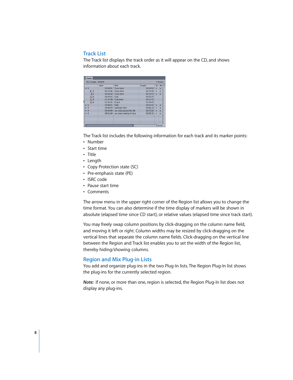 Track list, Region and mix plug-in lists | Apple Using WaveBurner Logic Pro 7.1 User Manual | Page 8 / 52