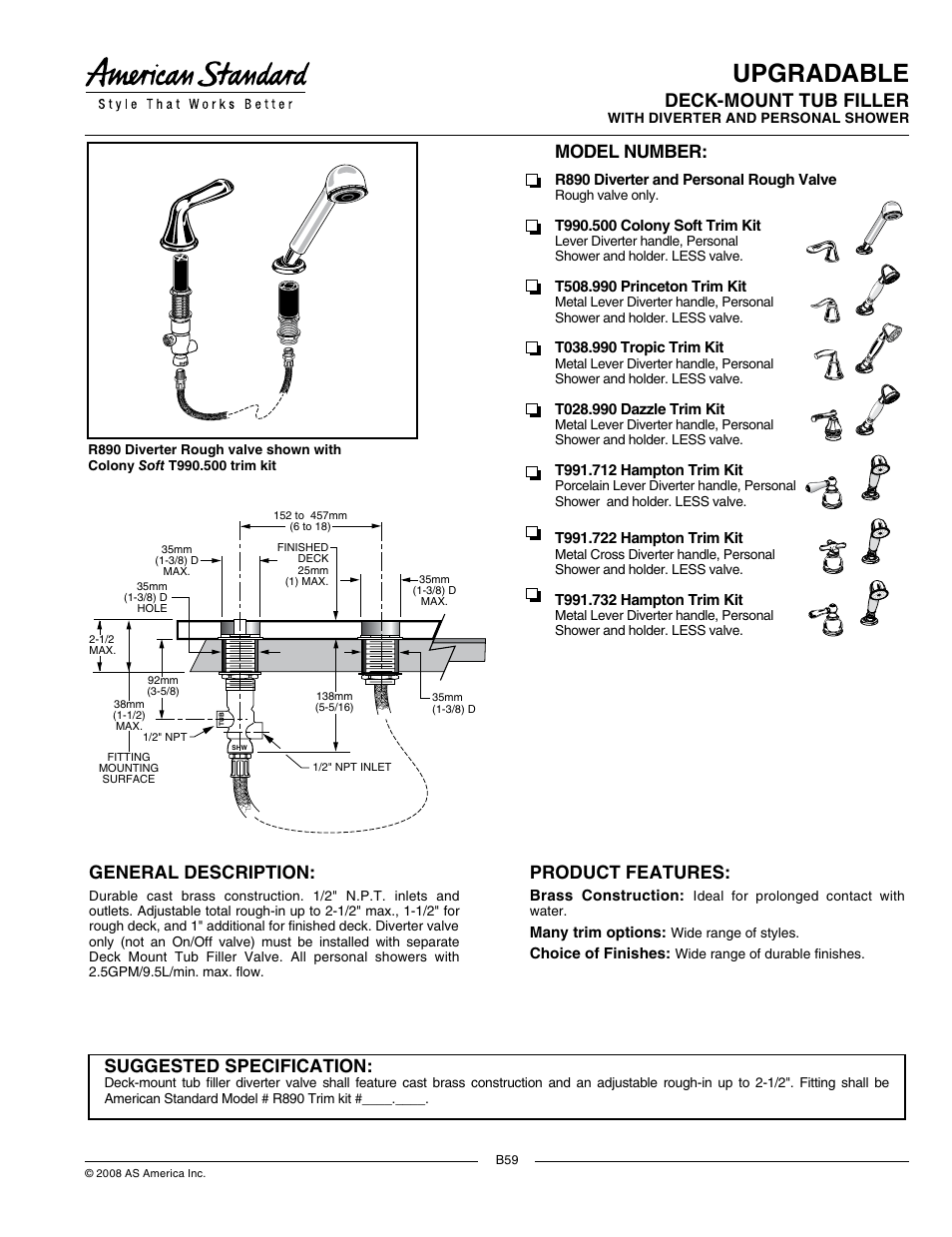 American Standard Princeton T508.990 User Manual | 2 pages