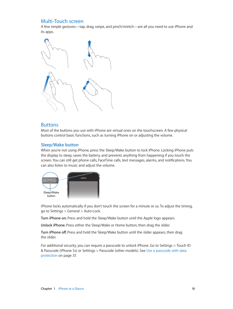 Multi-touch screen, Buttons, 10 multi-touch screen 10 buttons | Sleep/wake button | Apple iPhone iOS 7.1 User Manual | Page 10 / 162