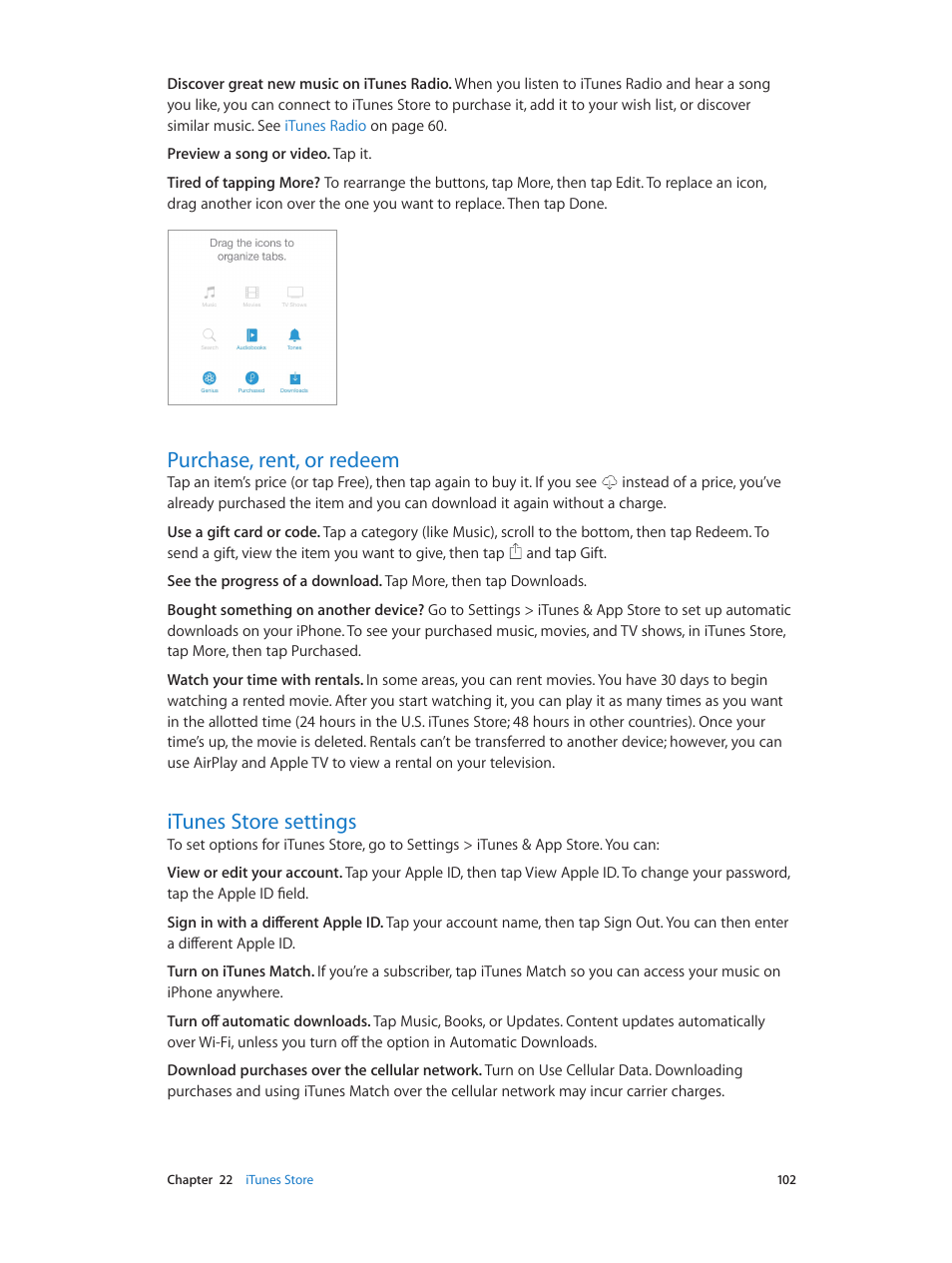 Purchase, rent, or redeem, Itunes store settings | Apple iPhone iOS 7.1 User Manual | Page 102 / 162