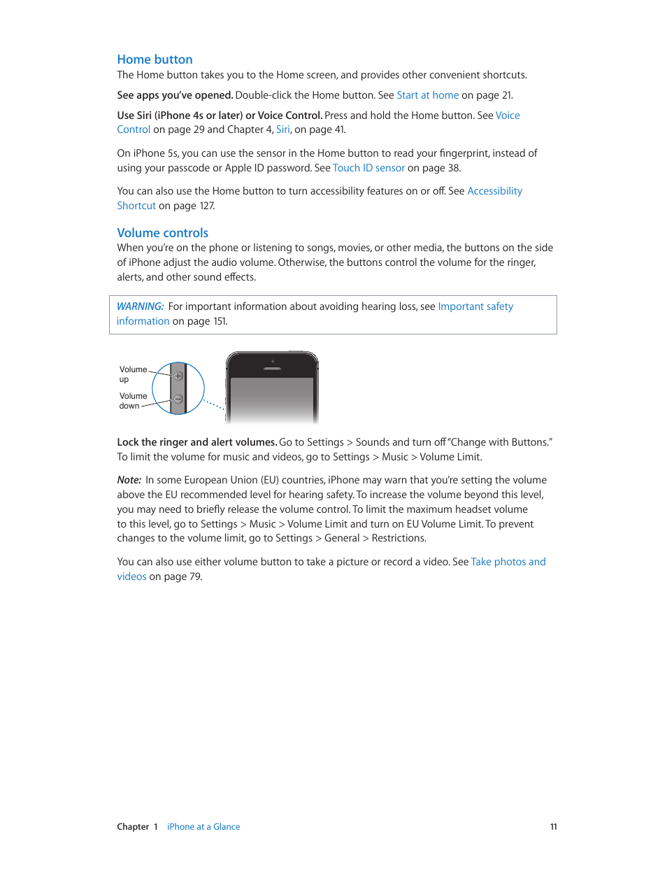 Home button, Volume controls | Apple iPhone iOS 7.1 User Manual | Page 11 / 162