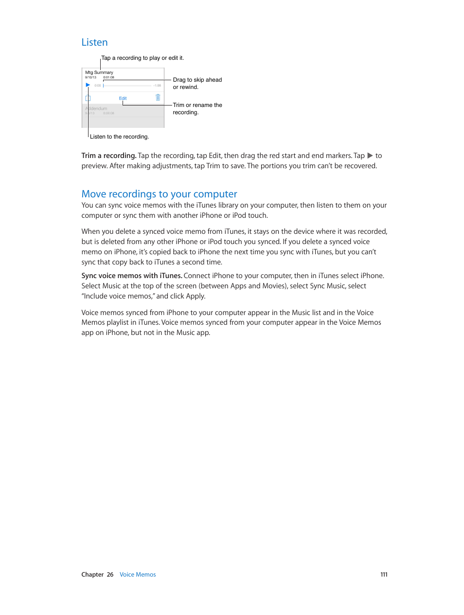 Listen, Move recordings to your computer, 111 listen 111 move recordings to your computer | Apple iPhone iOS 7.1 User Manual | Page 111 / 162