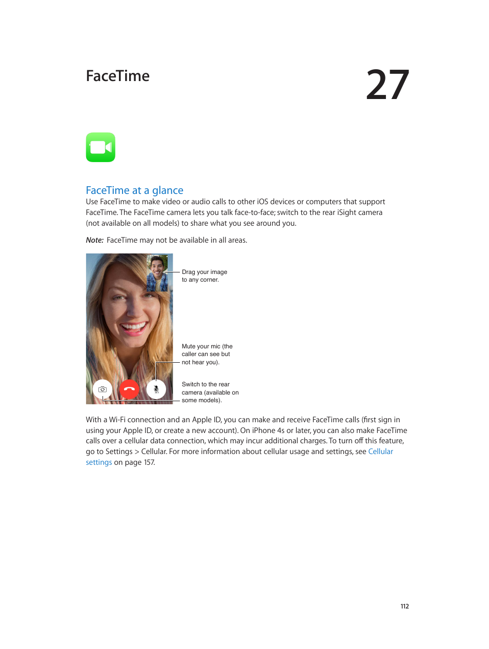 Chapter 27: facetime, Facetime at a glance, 112 facetime at a glance | Facetime | Apple iPhone iOS 7.1 User Manual | Page 112 / 162