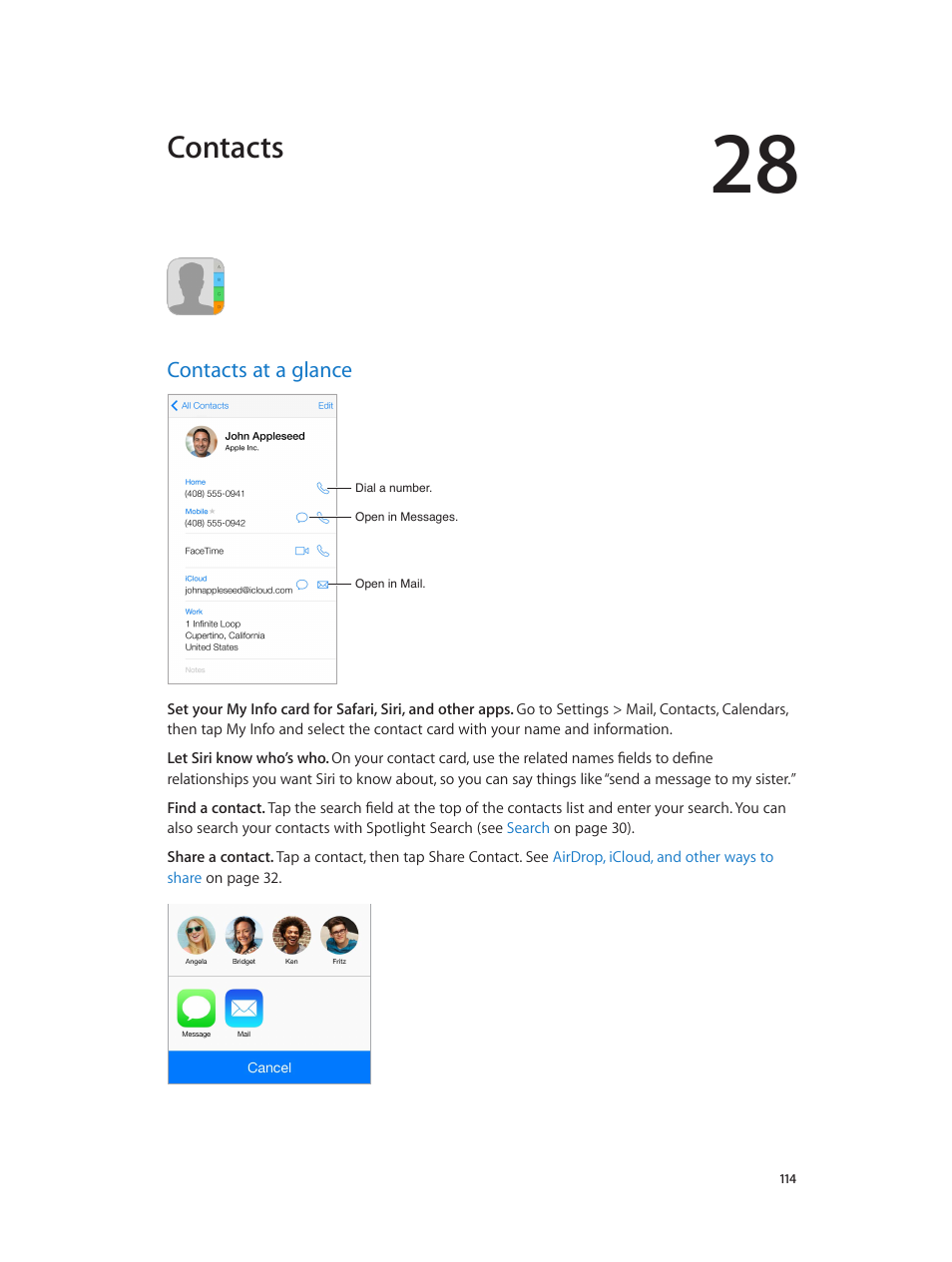 Chapter 28: contacts, Contacts at a glance, 114 contacts at a glance | Contacts | Apple iPhone iOS 7.1 User Manual | Page 114 / 162