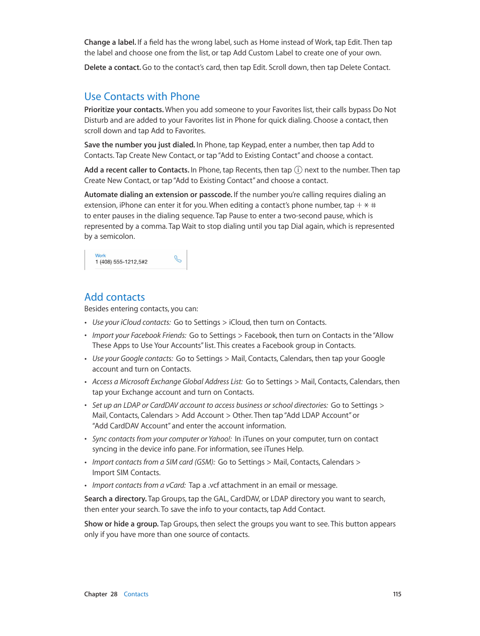 Use contacts with phone, Add contacts, 115 use contacts with phone 115 add contacts | Apple iPhone iOS 7.1 User Manual | Page 115 / 162