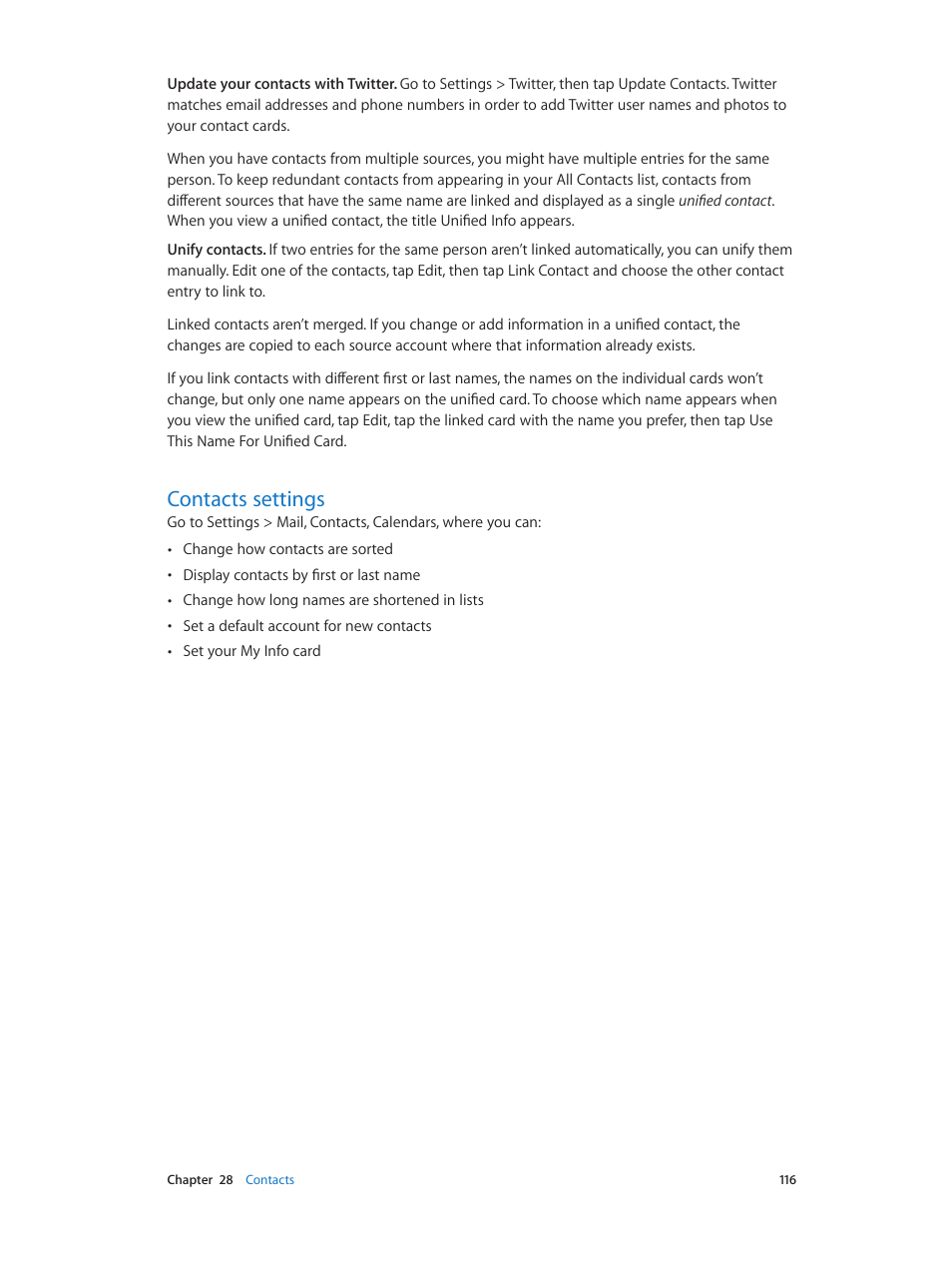 Contacts settings, 116 contacts settings | Apple iPhone iOS 7.1 User Manual | Page 116 / 162