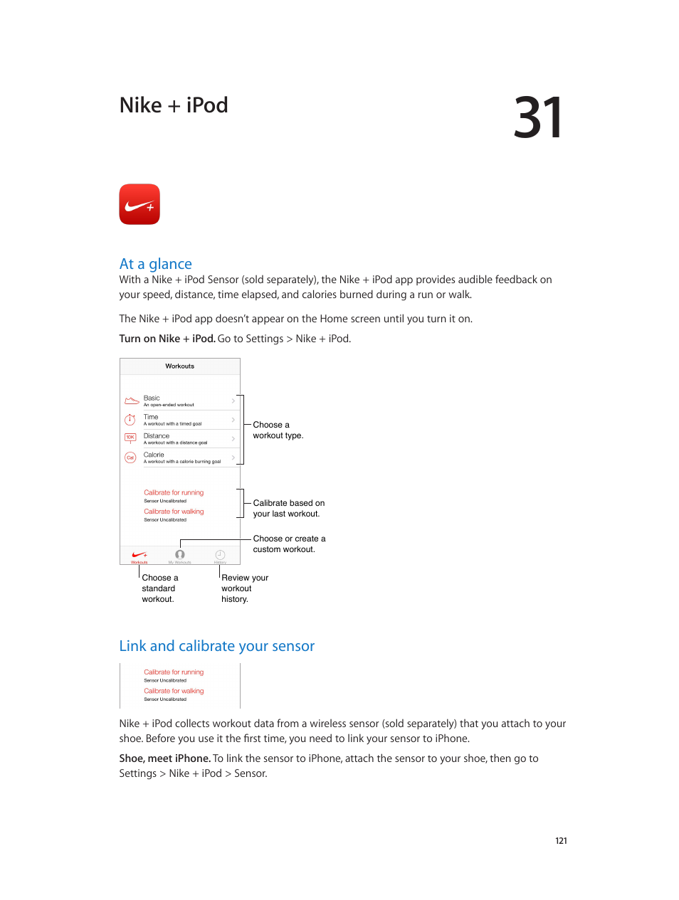 Chapter 31: nike + ipod, At a glance, Link and calibrate your sensor | 121 at a glance 121 link and calibrate your sensor, Nike + ipod | Apple iPhone iOS 7.1 User Manual | Page 121 / 162