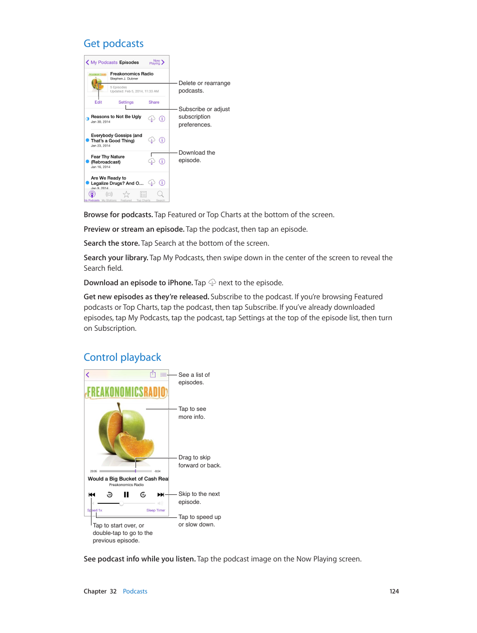 Get podcasts, Control playback, 124 get podcasts 124 control playback | Apple iPhone iOS 7.1 User Manual | Page 124 / 162