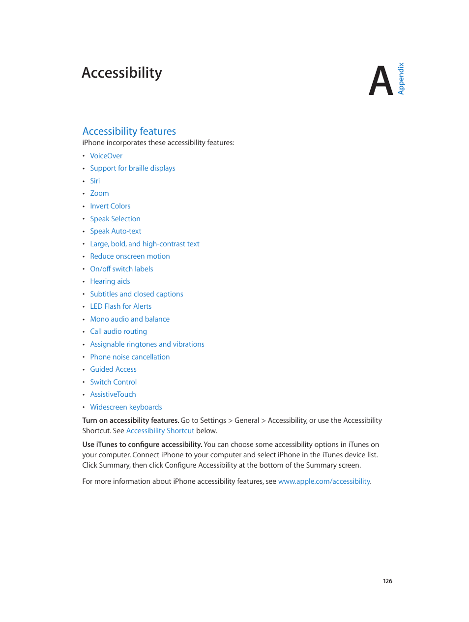 Appendix a: accessibility, Accessibility features, 126 accessibility features | Accessibility | Apple iPhone iOS 7.1 User Manual | Page 126 / 162