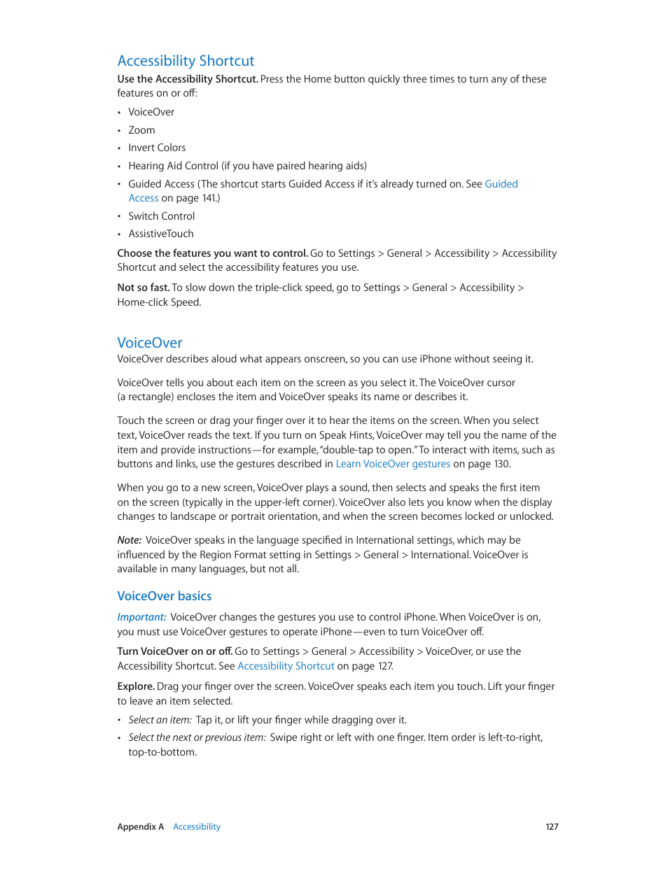 Accessibility shortcut, Voiceover, 127 accessibility shortcut 127 voiceover | Accessibility, Shortcut, Voiceover basics | Apple iPhone iOS 7.1 User Manual | Page 127 / 162