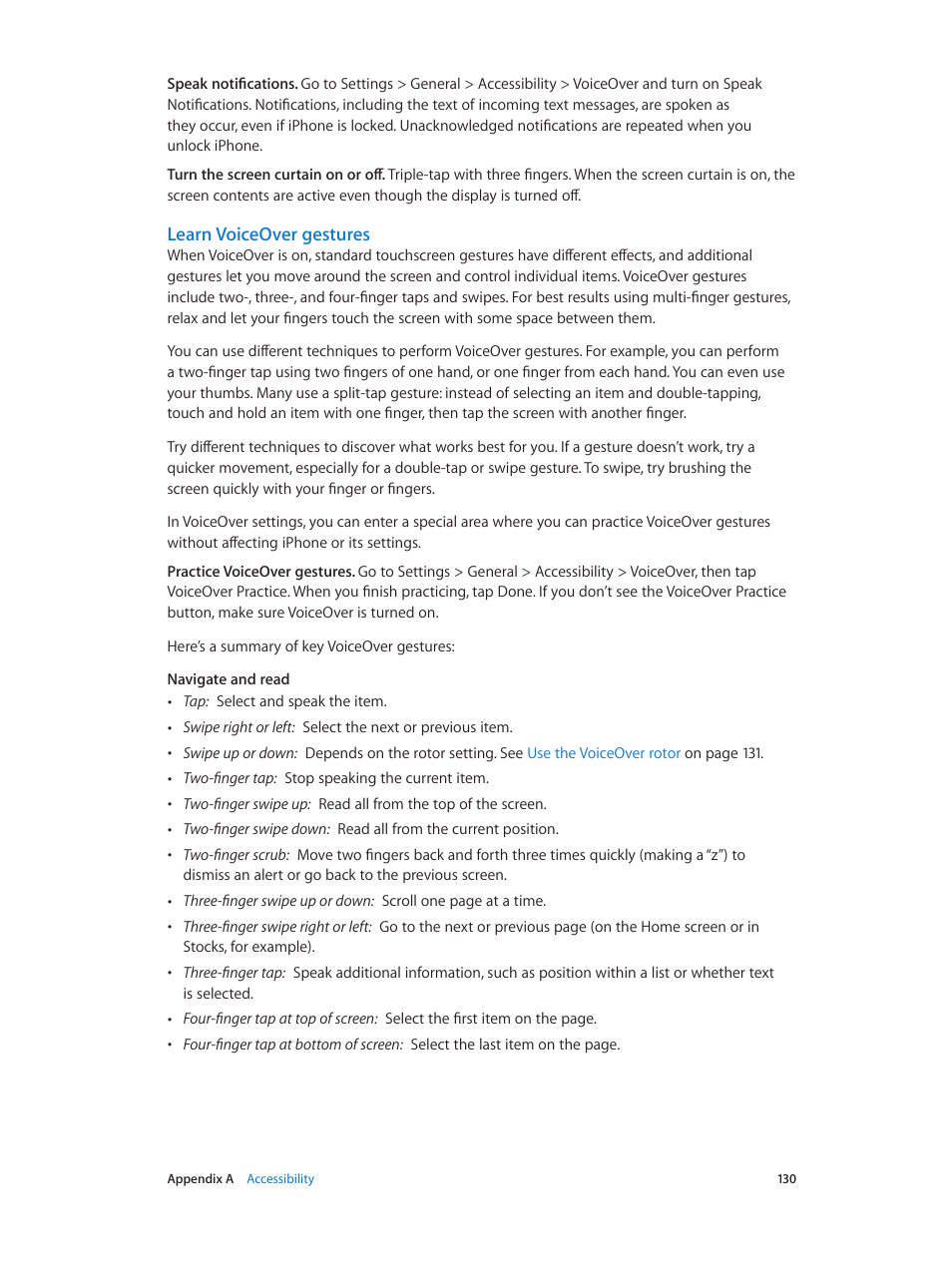 Learn voiceover gestures | Apple iPhone iOS 7.1 User Manual | Page 130 / 162