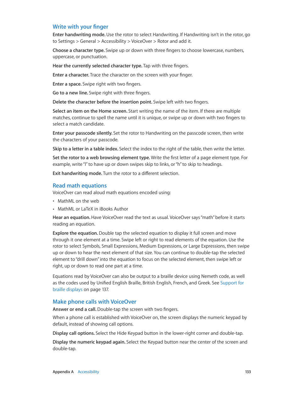 Write with your finger, Read math equations, Make phone calls with voiceover | Apple iPhone iOS 7.1 User Manual | Page 133 / 162