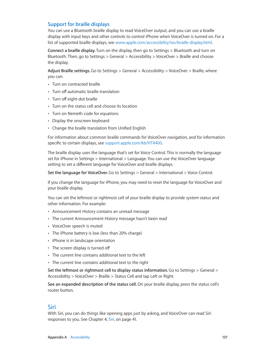 Siri, 137 siri, Support for braille displays | Apple iPhone iOS 7.1 User Manual | Page 137 / 162