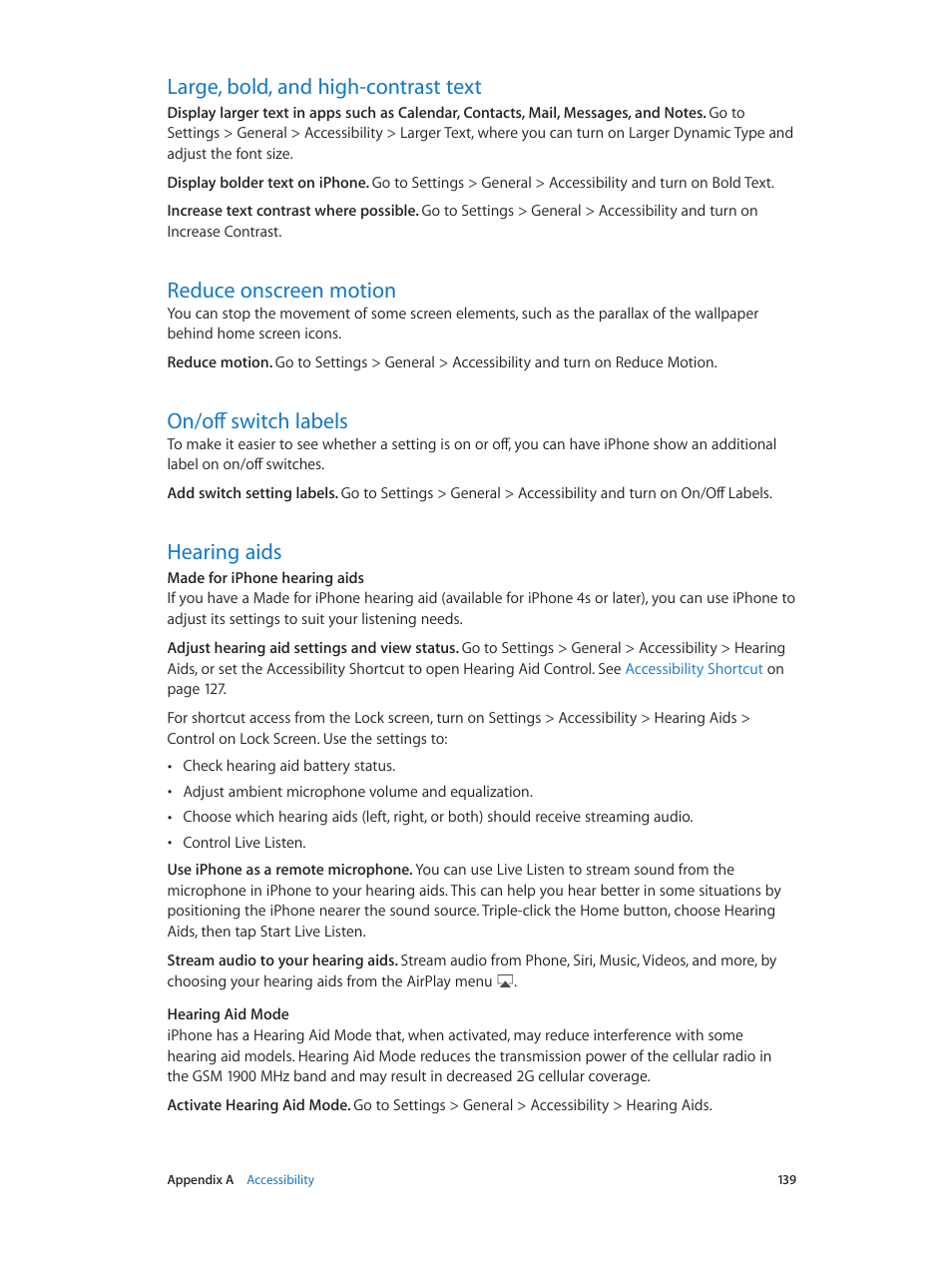 Large, bold, and high-contrast text, Reduce onscreen motion, On/off switch labels | Hearing aids | Apple iPhone iOS 7.1 User Manual | Page 139 / 162