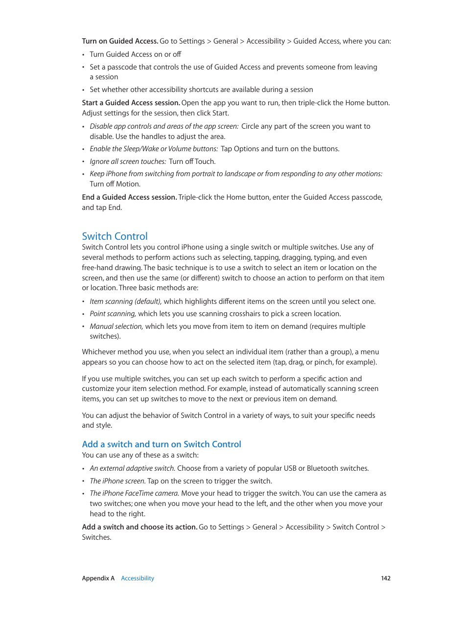 Switch control, 142 switch control, Add a switch and turn on switch control | Apple iPhone iOS 7.1 User Manual | Page 142 / 162