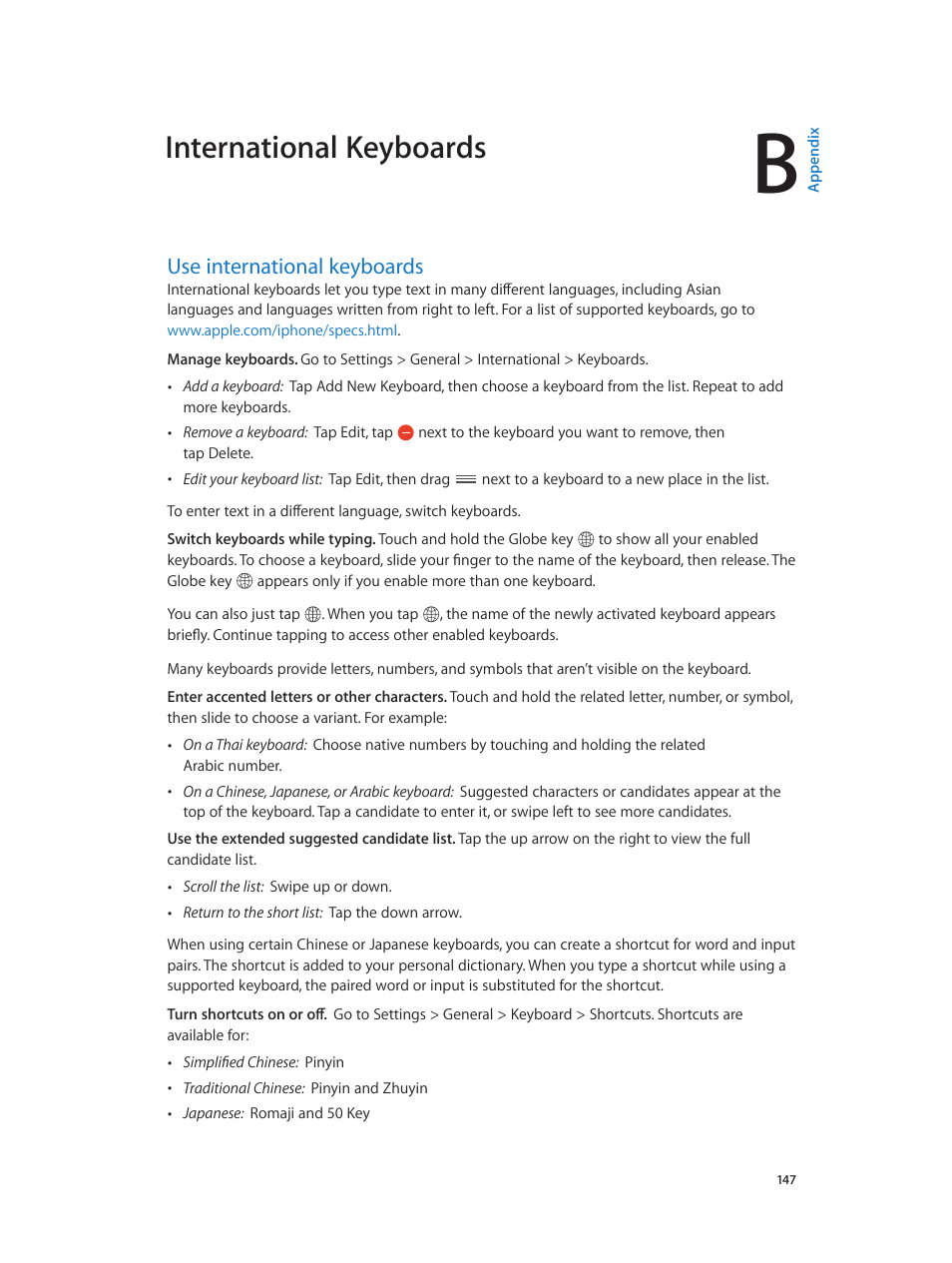 Appendix b: international keyboards, Use international keyboards, 147 use international keyboards | International keyboards | Apple iPhone iOS 7.1 User Manual | Page 147 / 162