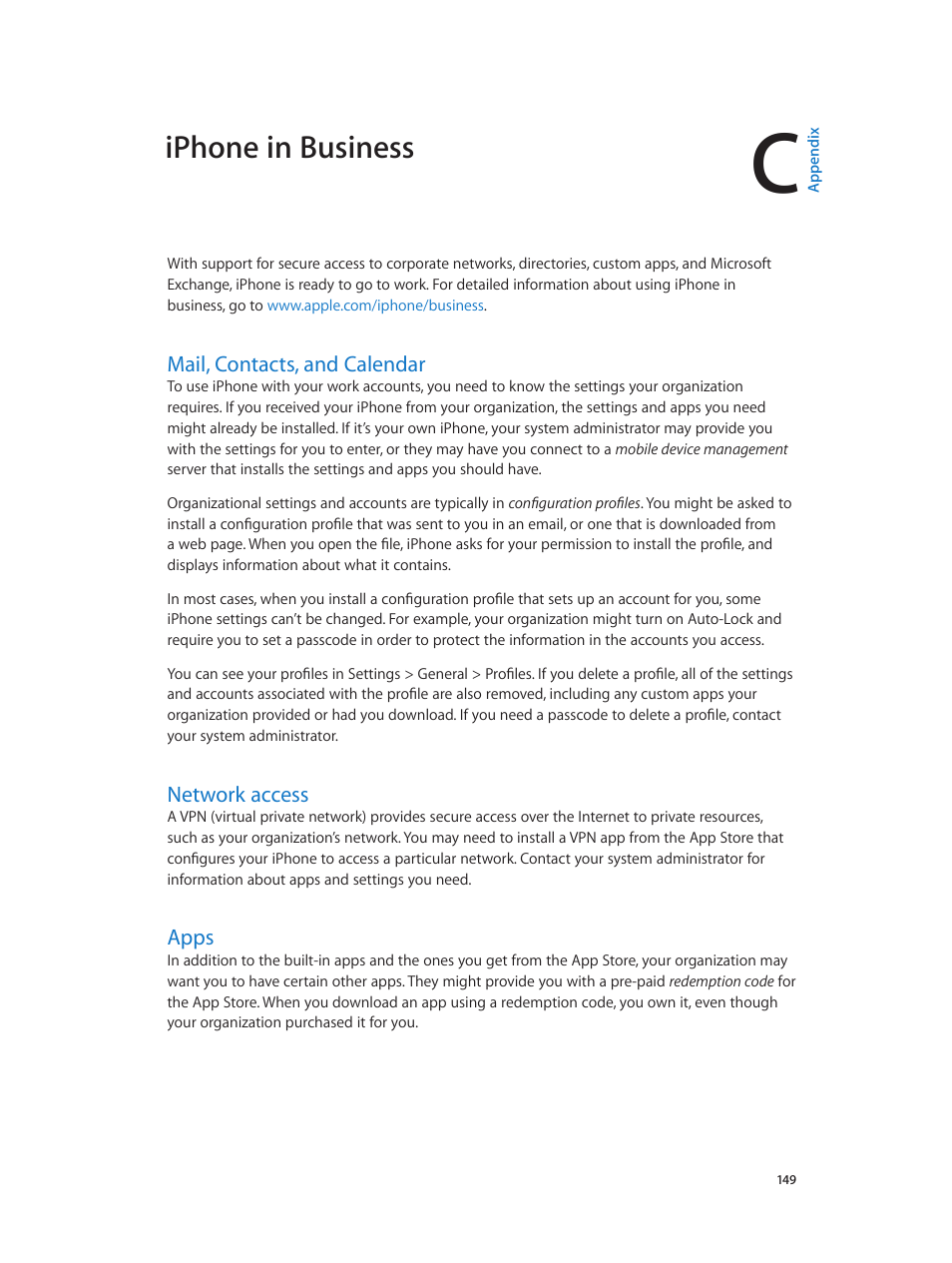 Appendix c: iphone in business, Mail, contacts, and calendar, Network access | Apps, Iphone in business | Apple iPhone iOS 7.1 User Manual | Page 149 / 162