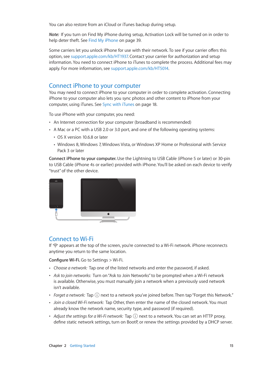 Connect iphone to your computer, Connect to wi-fi | Apple iPhone iOS 7.1 User Manual | Page 15 / 162