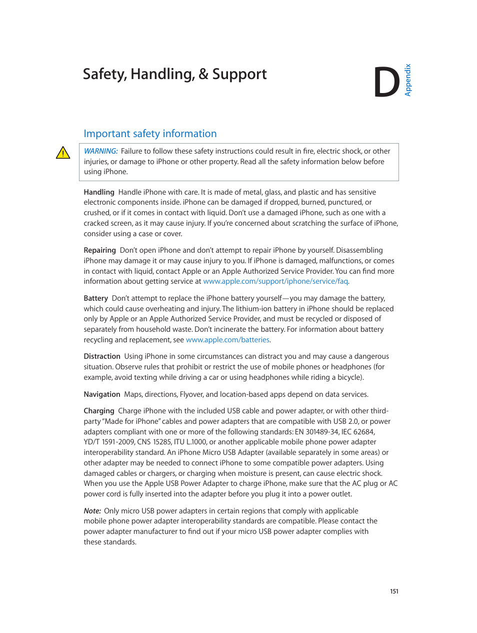 Appendix d: safety, handling, & support, Important safety information, 151 important safety information | Important safety, Information, Important, Safety information, Safety, handling, & support | Apple iPhone iOS 7.1 User Manual | Page 151 / 162