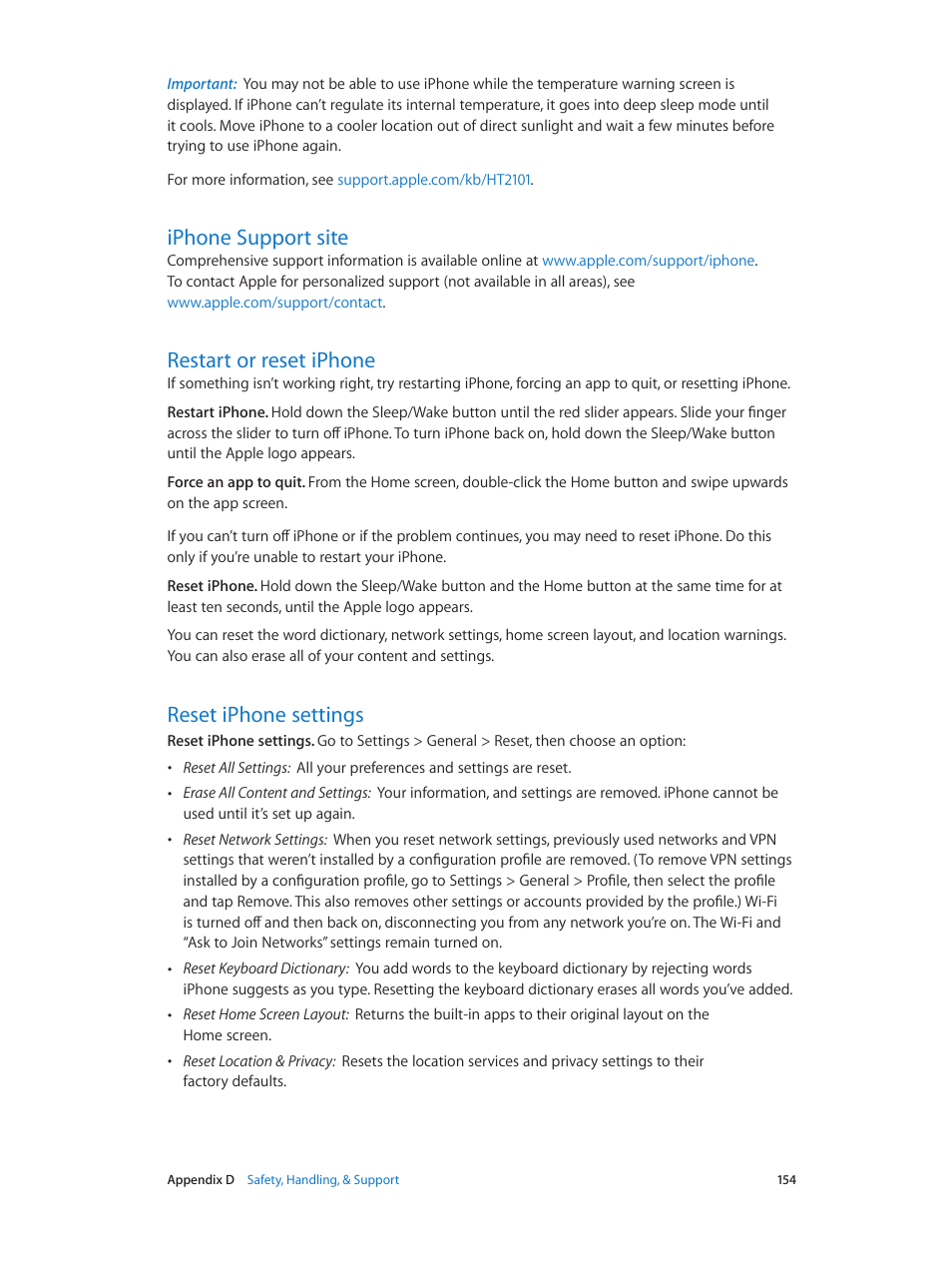 Iphone support site, Restart or reset iphone, Reset iphone settings | Apple iPhone iOS 7.1 User Manual | Page 154 / 162