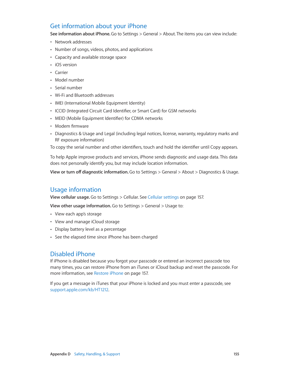 Get information about your iphone, Usage information, Disabled iphone | Apple iPhone iOS 7.1 User Manual | Page 155 / 162
