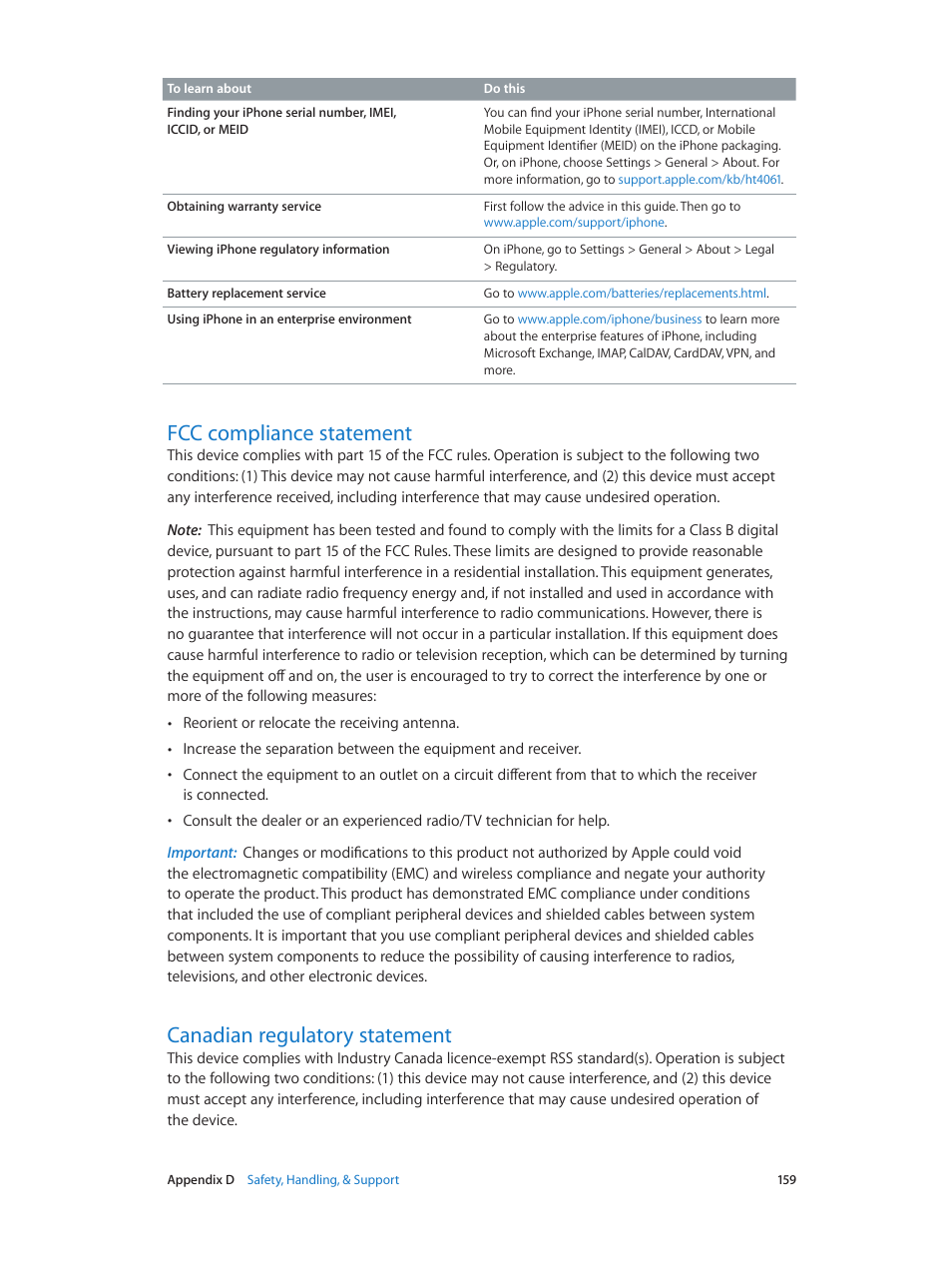 Fcc compliance statement, Canadian regulatory statement | Apple iPhone iOS 7.1 User Manual | Page 159 / 162