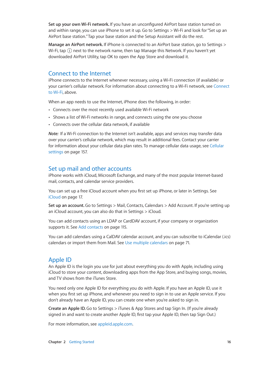 Connect to the internet, Set up mail and other accounts, Apple id | Apple iPhone iOS 7.1 User Manual | Page 16 / 162