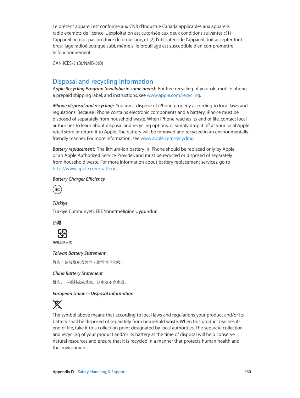 Disposal and recycling information, 160 disposal and recycling information | Apple iPhone iOS 7.1 User Manual | Page 160 / 162