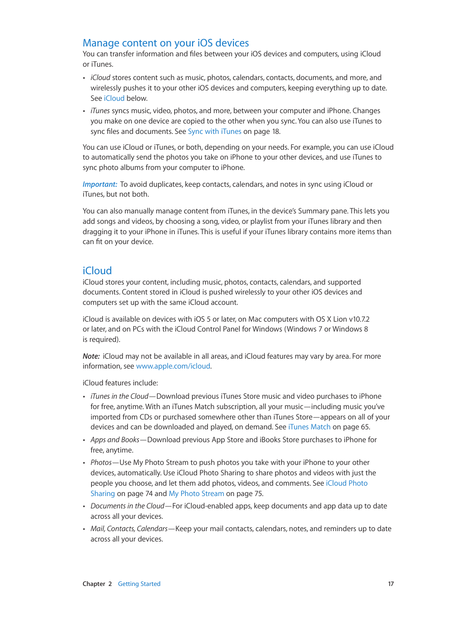 Manage content on your ios devices, Icloud, 17 manage content on your ios devices 17 icloud | Apple iPhone iOS 7.1 User Manual | Page 17 / 162