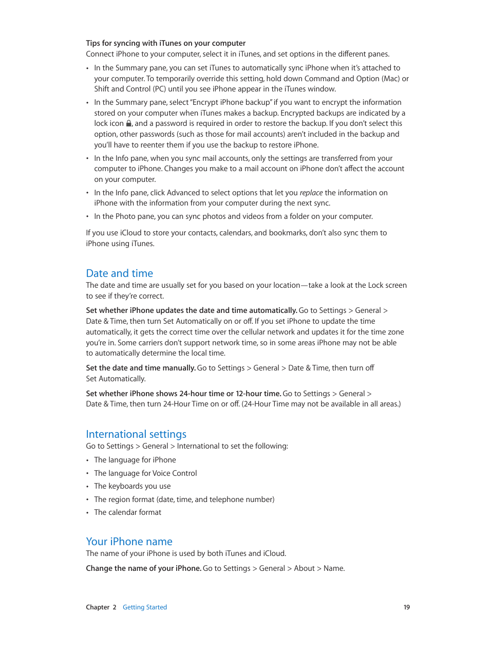 Date and time, International settings, Your iphone name | Apple iPhone iOS 7.1 User Manual | Page 19 / 162