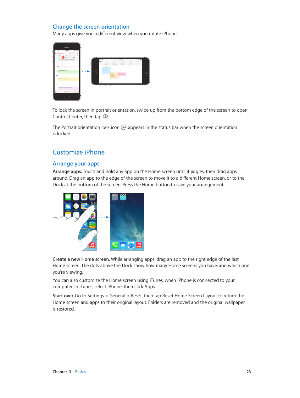 Customize iphone, 23 customize iphone, Change the | Screen orientation, Change the screen orientation, Arrange your apps | Apple iPhone iOS 7.1 User Manual | Page 23 / 162