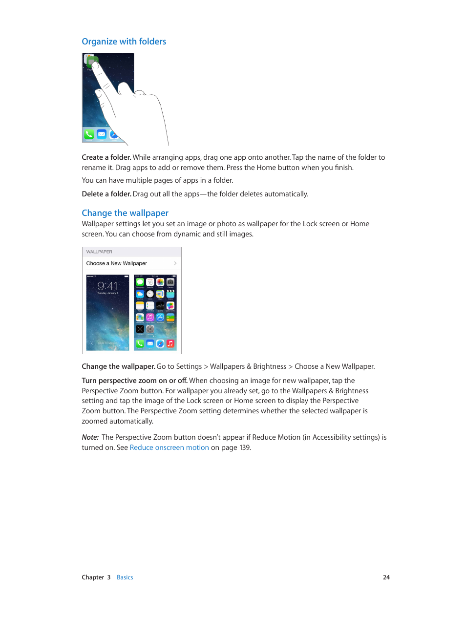 Organize with folders, Change the wallpaper | Apple iPhone iOS 7.1 User Manual | Page 24 / 162