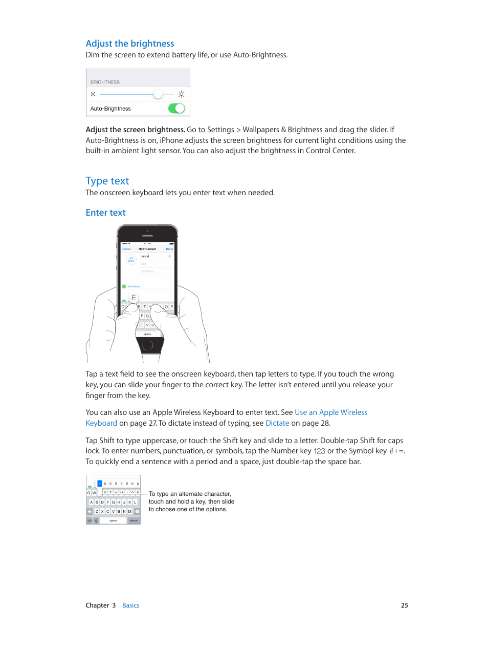 Type text, 25 type text, Adjust the brightness | Enter text | Apple iPhone iOS 7.1 User Manual | Page 25 / 162