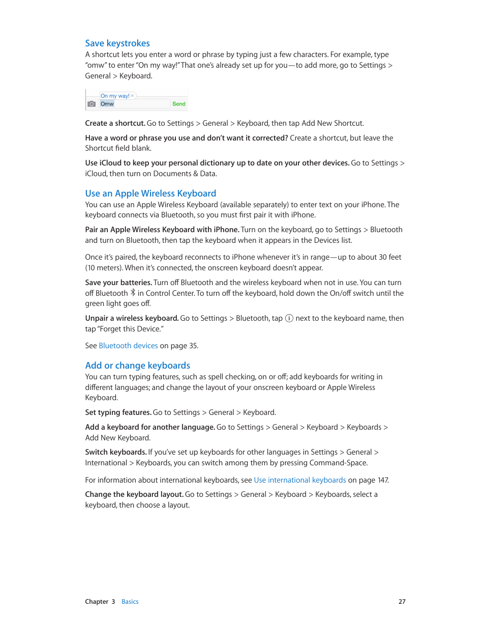 Use an apple wireless, Keyboard, Save keystrokes | Use an apple wireless keyboard, Add or change keyboards | Apple iPhone iOS 7.1 User Manual | Page 27 / 162